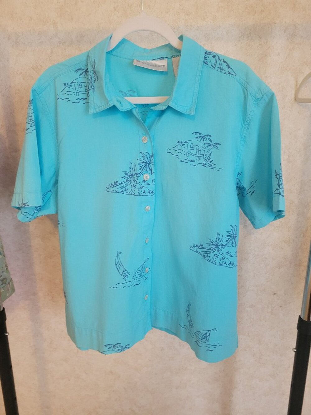 Blue Tropical Short Sleeve Button Top Womens XL